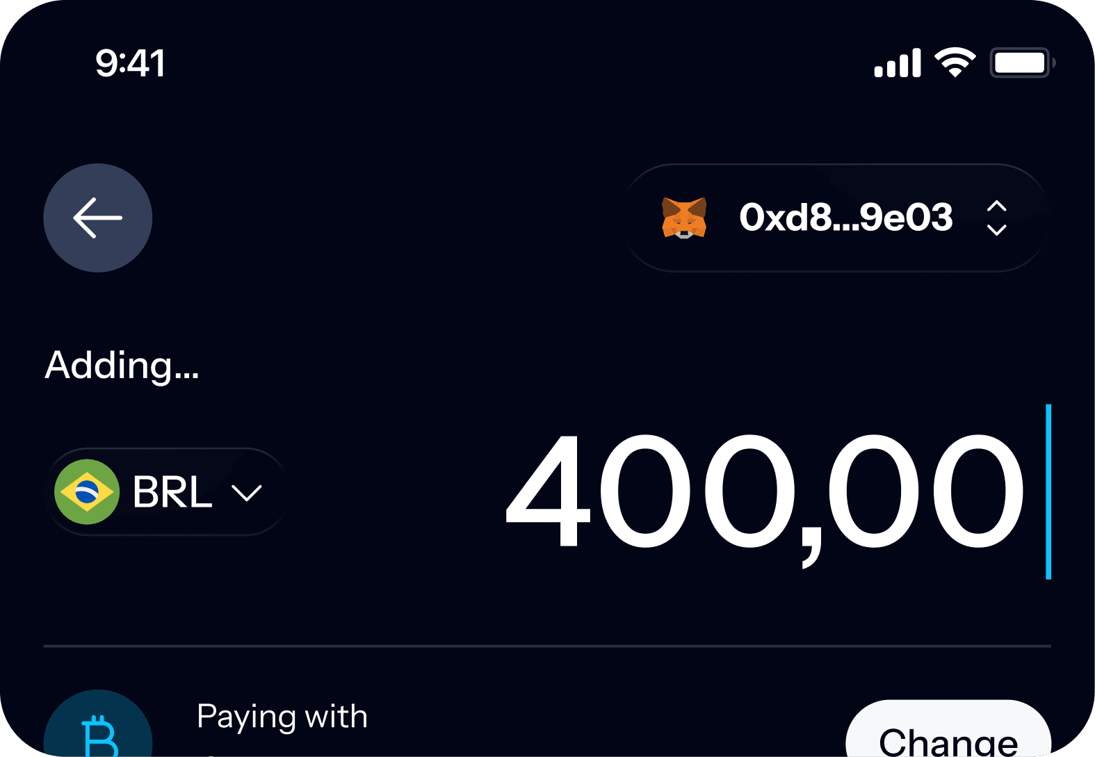 Crypto wallet app adding 400,00 BRL from a connected wallet